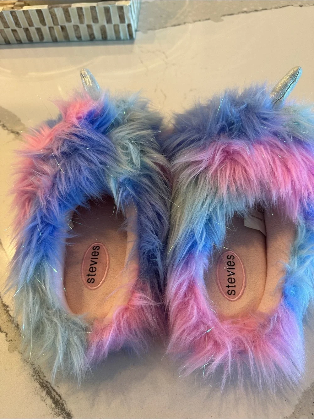Stevies Multicolor Pastel Faux Fur Unicorn Slippers with Sparkle Horns